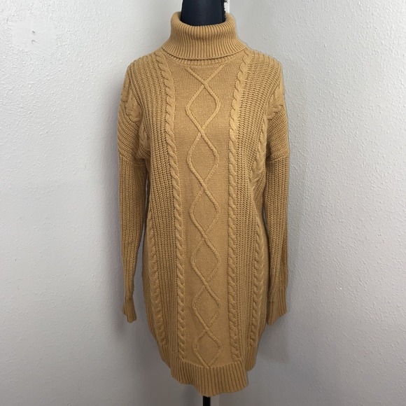Crown & Ivy Cable Knit Sweater Dress Women's Small Brown Turtleneck Long Sleeve - Picture 1 of 10